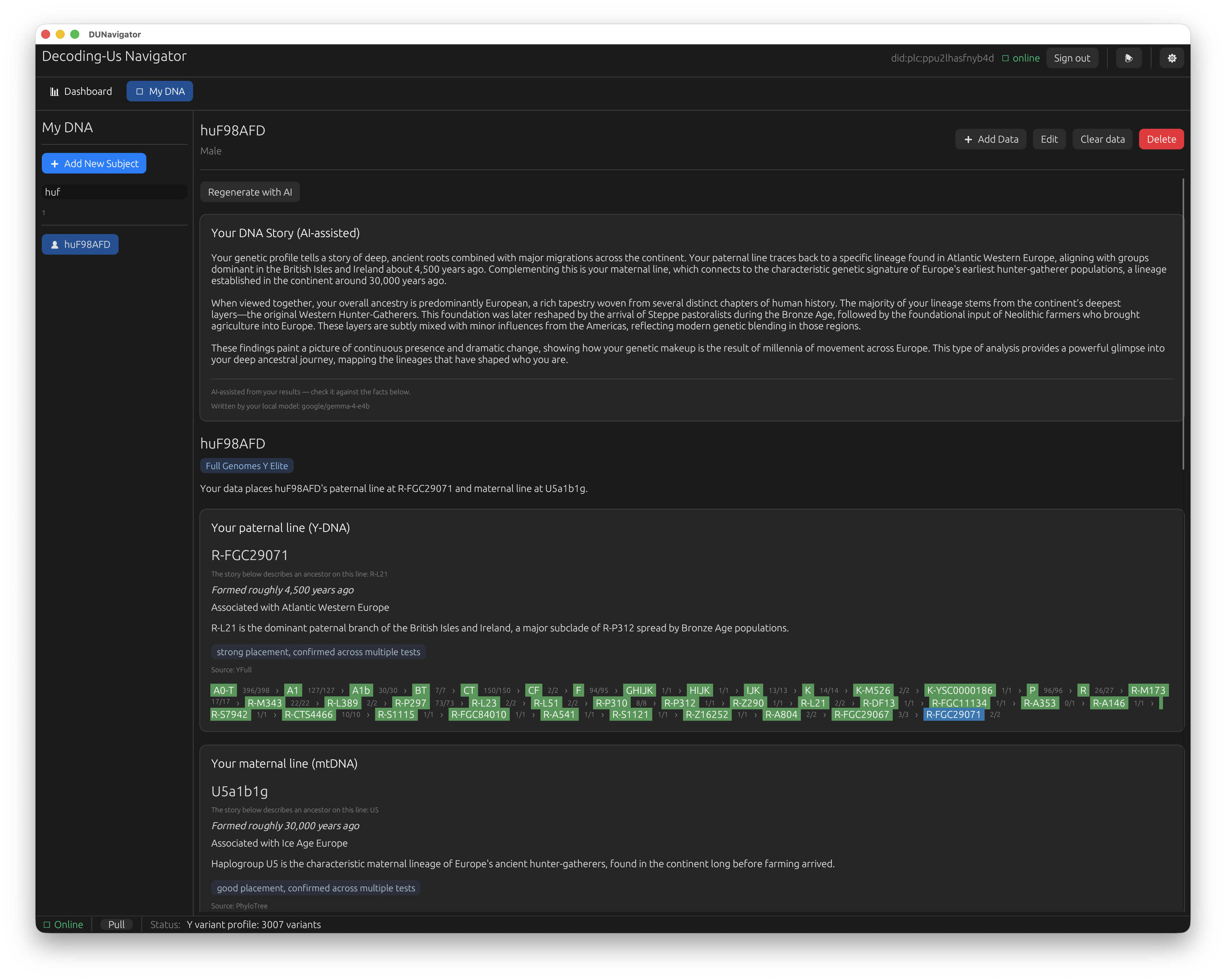 Navigator's "My DNA" view with an AI-written "Your DNA Story" paragraph and a "Regenerate with AI" button, sitting above the Y-DNA (R-FGC29071) and mtDNA (U5a1b1g) lineage cards; a footnote reads "AI-assisted from your results — check it against the facts below. Written by your local model: google/gemma-4-e4b."