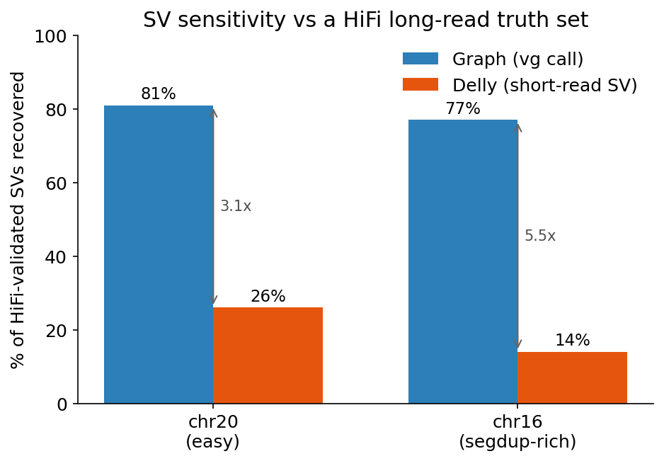 Fraction of HiFi-validated structural variants recovered by the graph versus short-read Delly, on chr20 and chr16